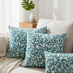 Waterproof Teal Green Leaves Printed Cushion Cover-1 Pc