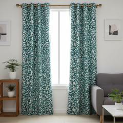 2Pc Waterproof Printed Curtains - Teal Green Leaves