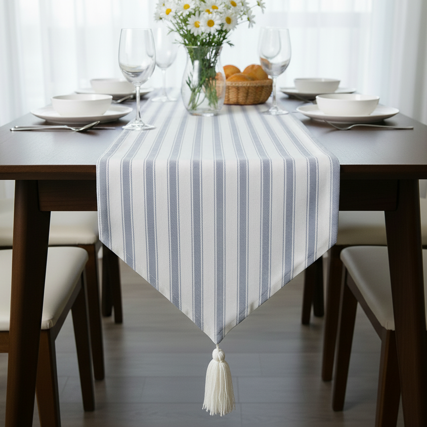 Waterproof Table Runner - Ticking Stripe Grey