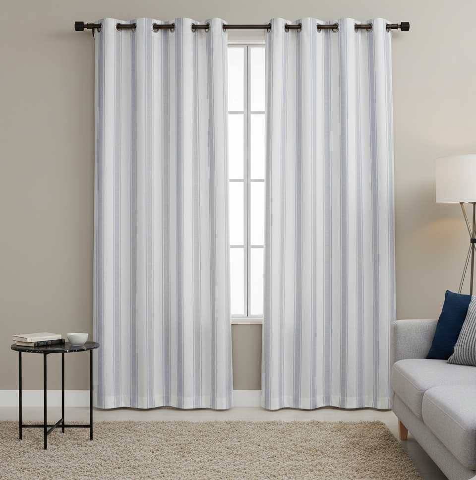 2Pc Waterproof Printed Curtains - Ticking Stripe Grey