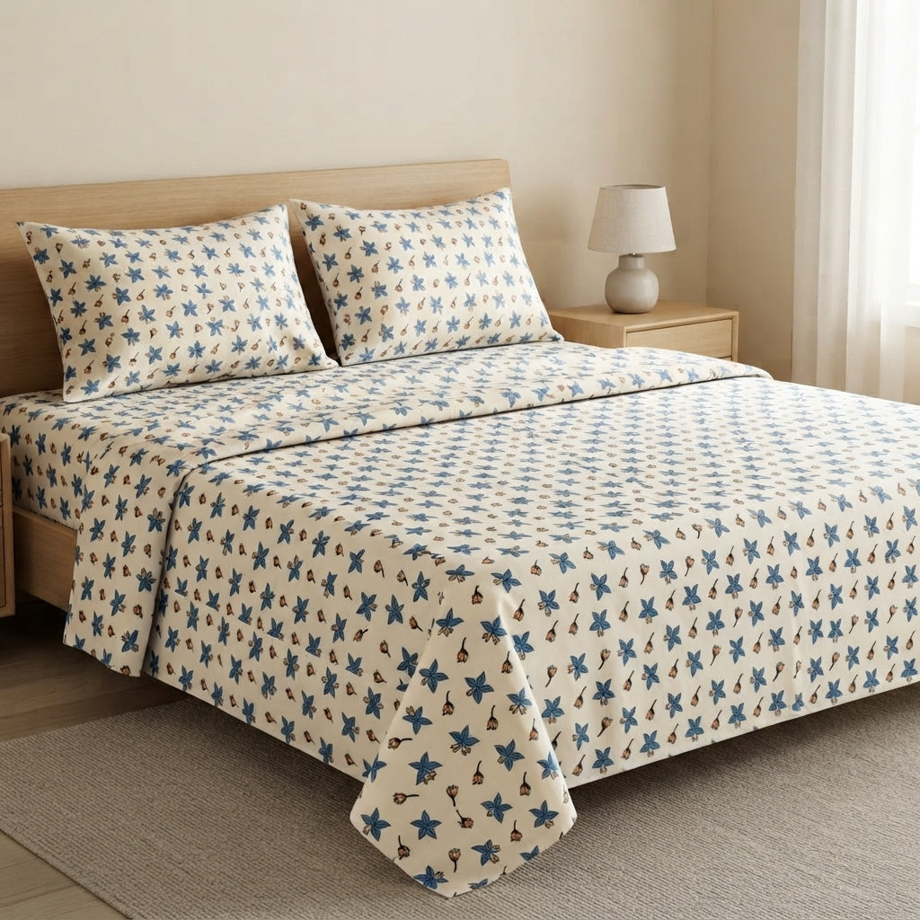 Double Cotton Bed Sheet - Ivory Bloom