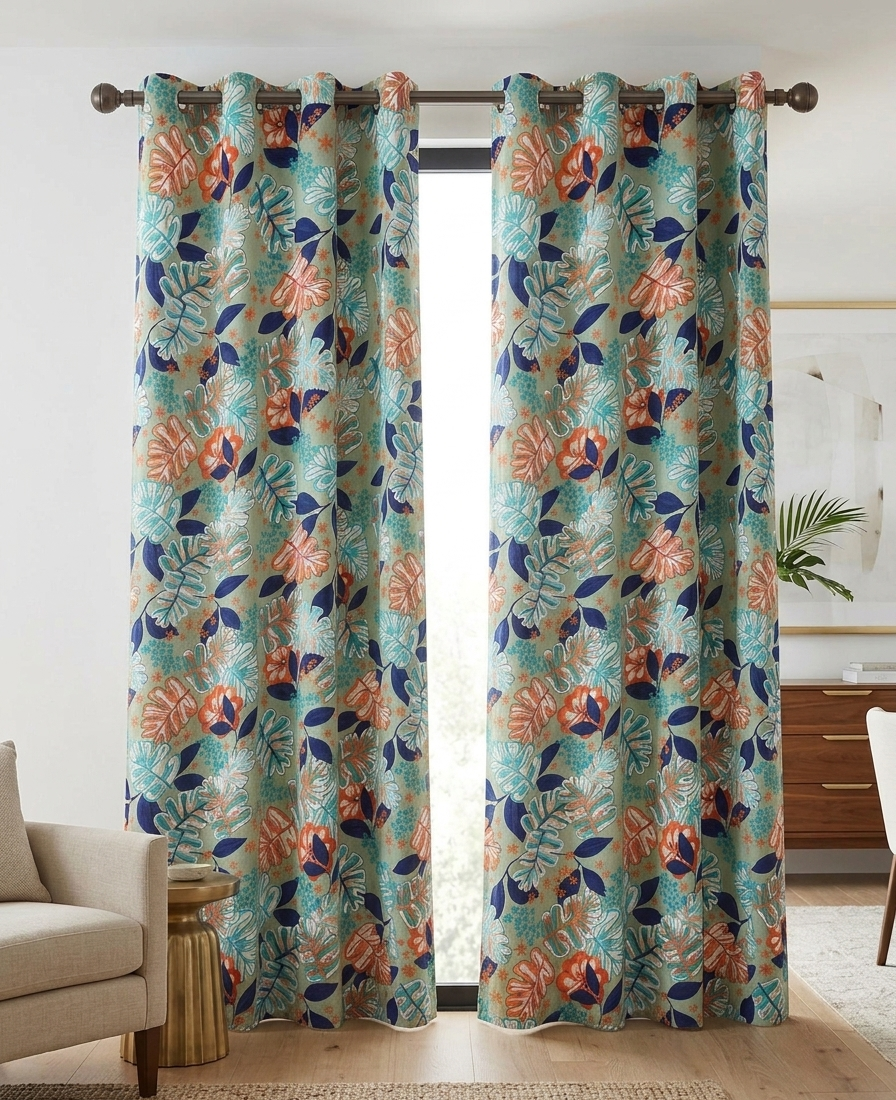 2Pc Printed Eyelet Curtain – Leafy Luxury