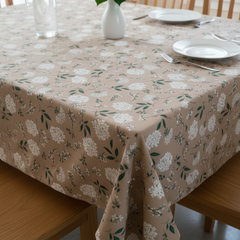 Printed Cotton Duck Table Cover-Neutral Beige Hydrangea Pattern
