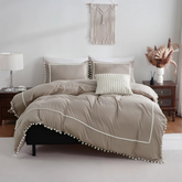 Lustro Twin Pom-Pom Cotton Duvet Cover Set-Khaki
