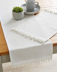 Cotton Dining Set With Pompom Trim - White