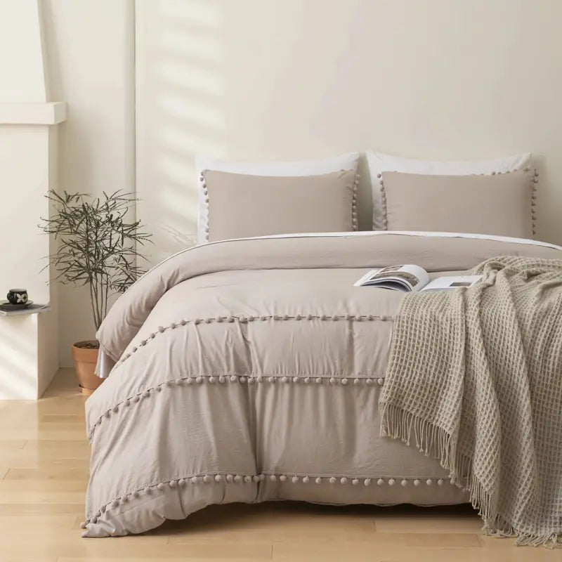 Vintage Boho PomPom Tassels Cotton Duvet Cover Set - Beige