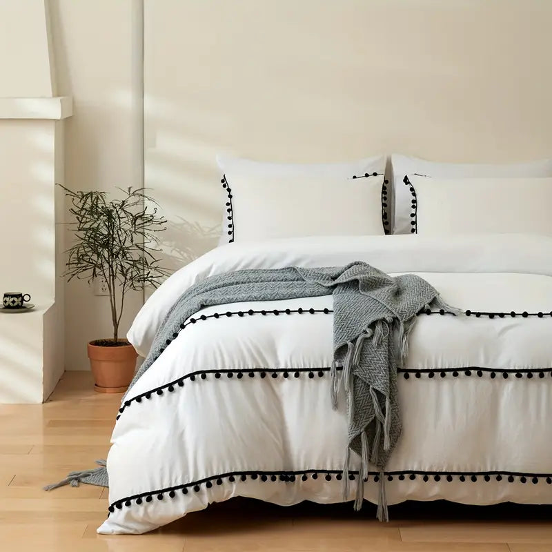 Vintage Boho PomPom Tassels Cotton Duvet Cover Set - White
