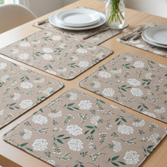 Printed Cotton Duck Table Mats - Neutral Beige Hydrangea Pattern
