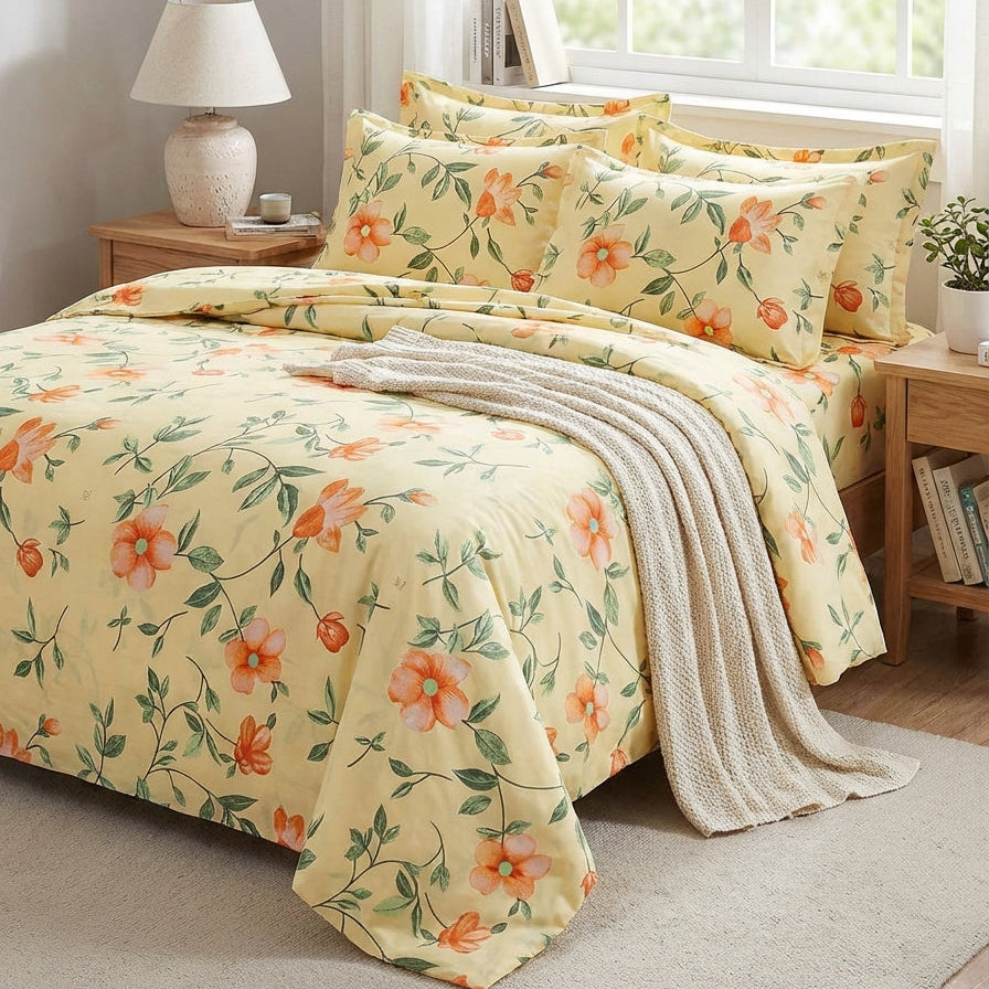 Double Cotton Bed Sheet - Butter Yellow Coral Floral