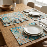 Printed Cotton Duck Table Mats - Aqua Blue Blossom