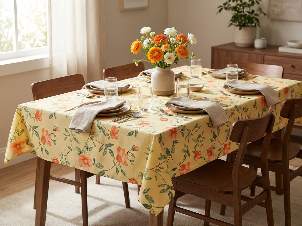 Printed Cotton Table Cover-Butter Yellow Coral Floral