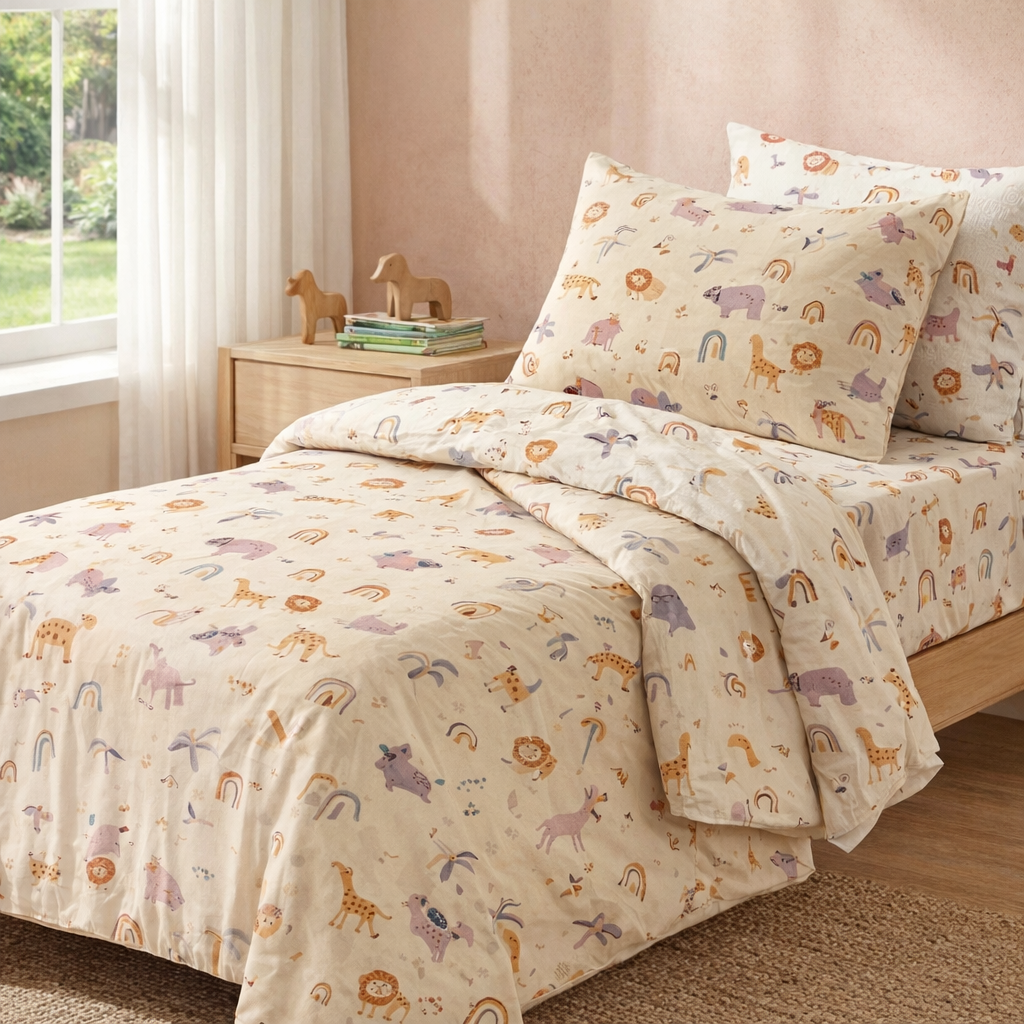 3 Pcs Kids' Premium Single Bed Sheet Set - Jungle Safari (Beige)