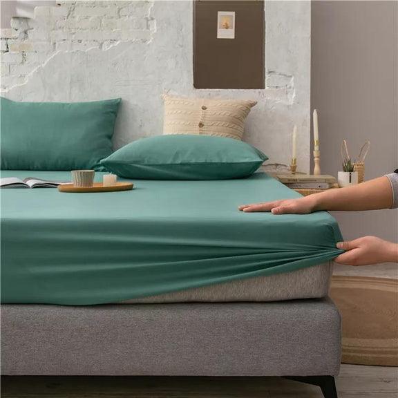 Cotton Fitted Bed Sheet with Pillows-Sea Green
