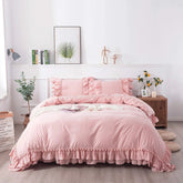 Vintage Boho Pom-Fringe Ruffled Cotton Duvet Cover Set-Pink