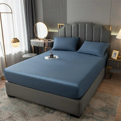 Luxury Cotton Satin Elastic Band Fitted Sheet with Pillows - Medium Blue