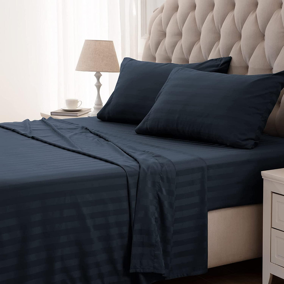 Premium Luxurious Super Soft Fitted Flat Cotton Satin Strip Sheet Set - Navy Blue