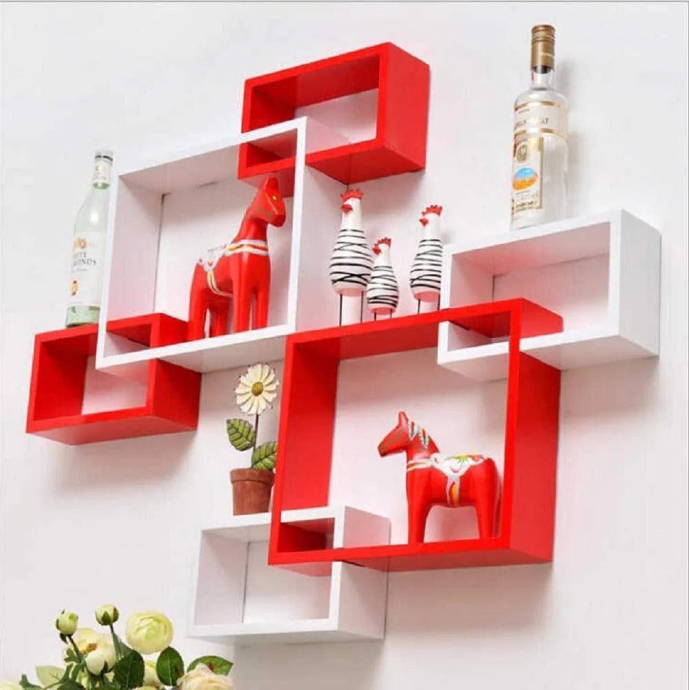 Wooden Shelf Floating Shelves 6 Tier White & Red