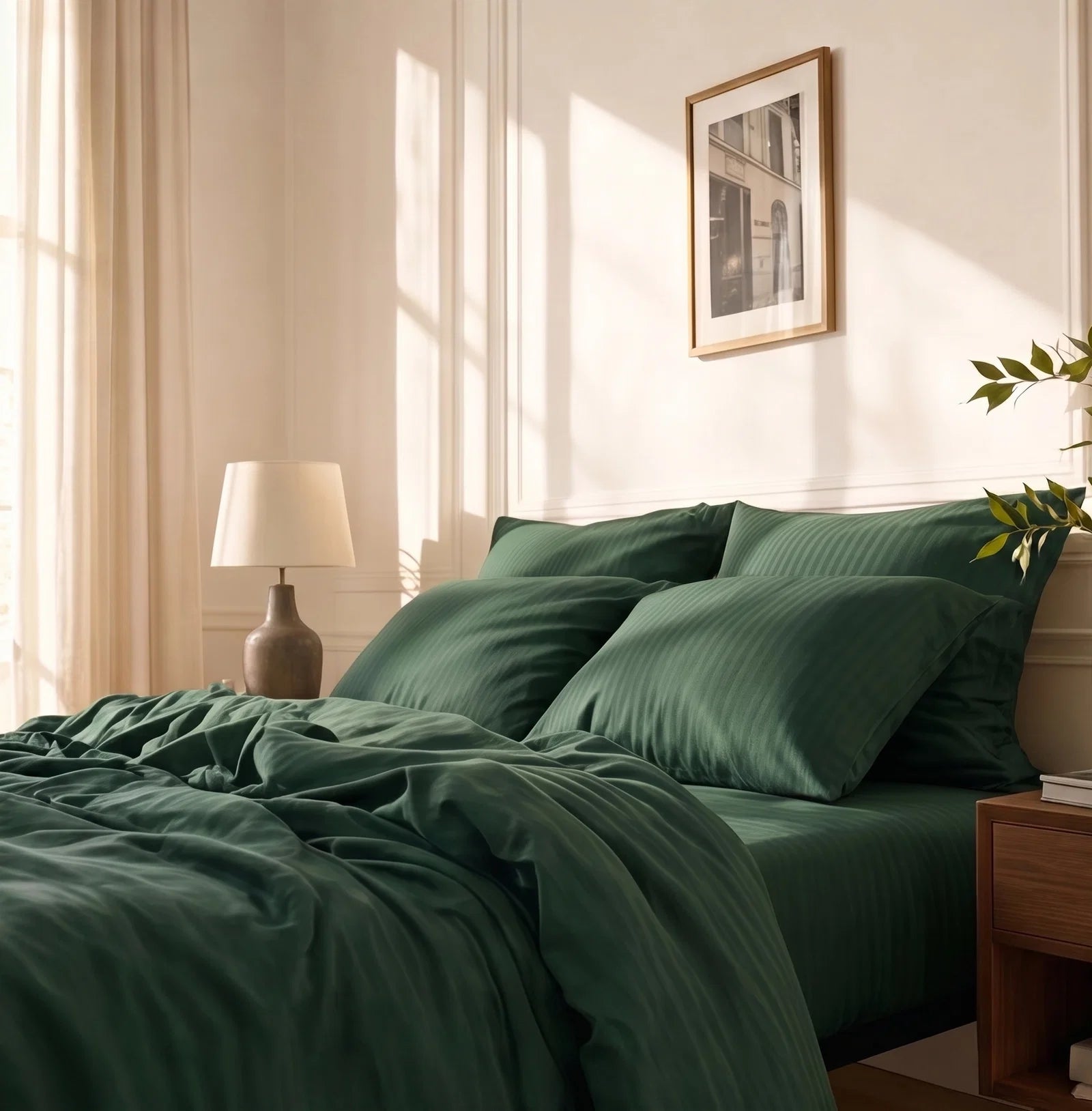 Satin Elegance Stripe Duvet Cover Set - Emerald Green
