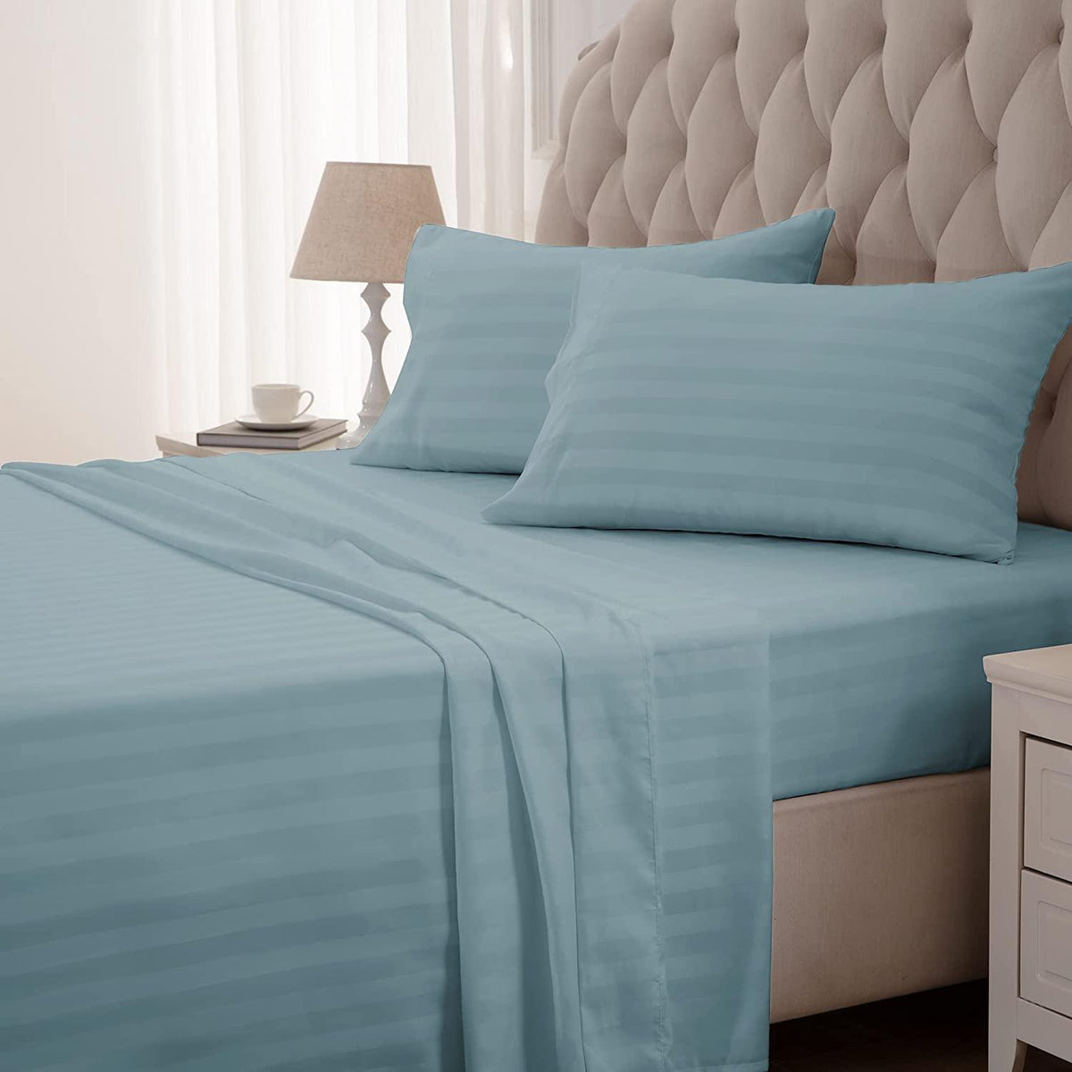 Premium Luxurious Super Soft Fitted Flat Cotton Satin Strip Sheet Set - Baby Blue