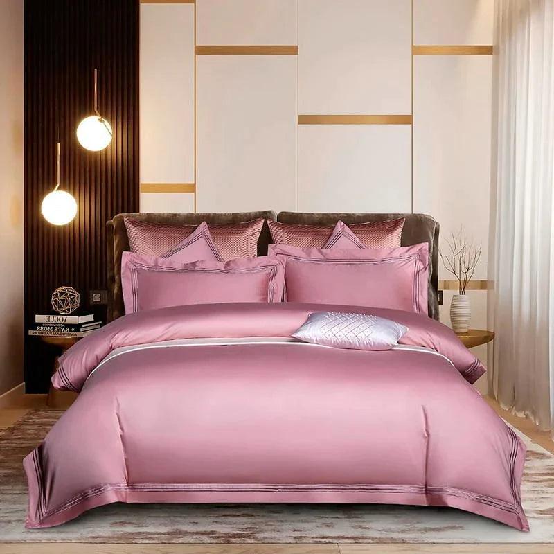 Embroidered Cotton Satin Duvet Set-Pink