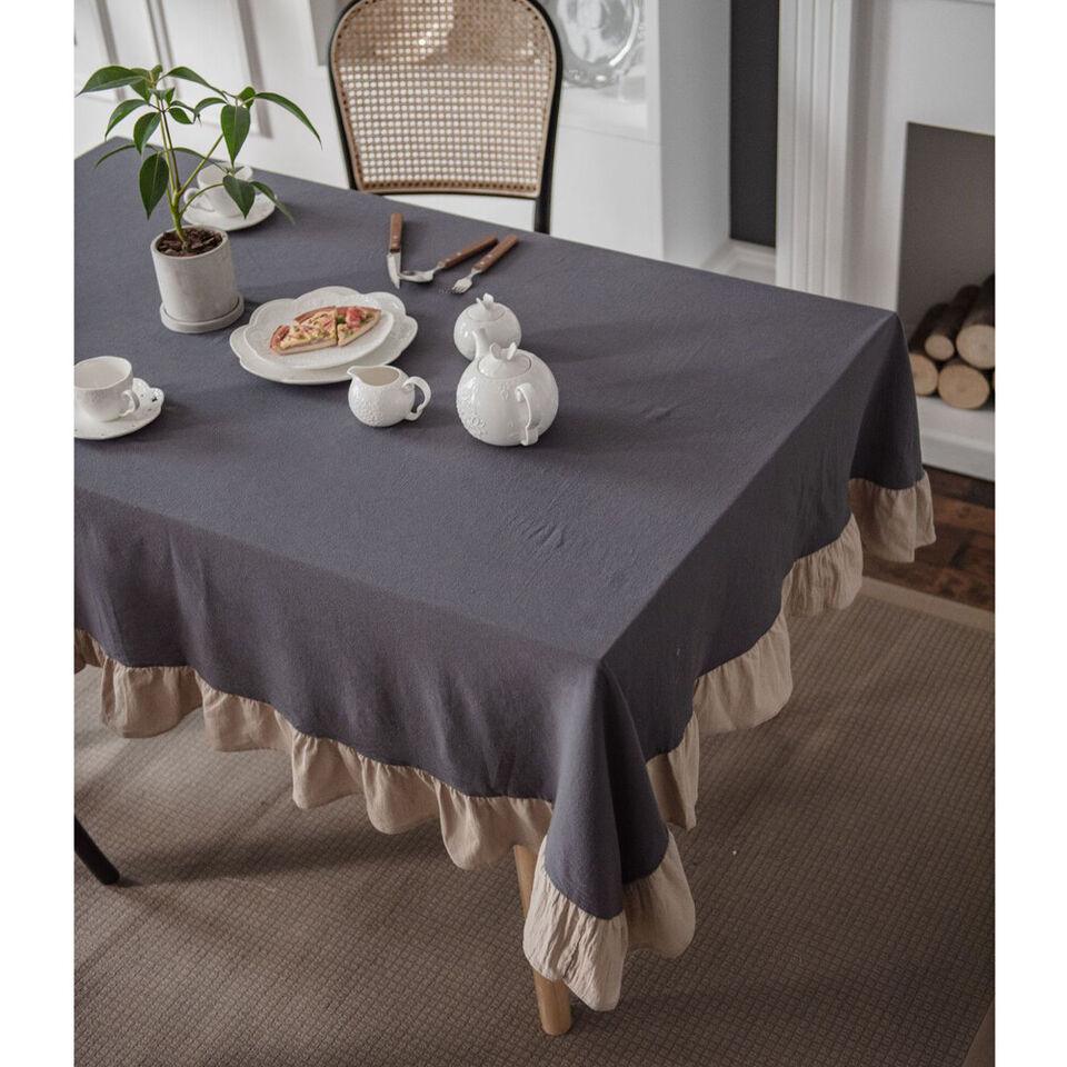 Flounce Stitching Cotton Table Covers-Grey & Beige