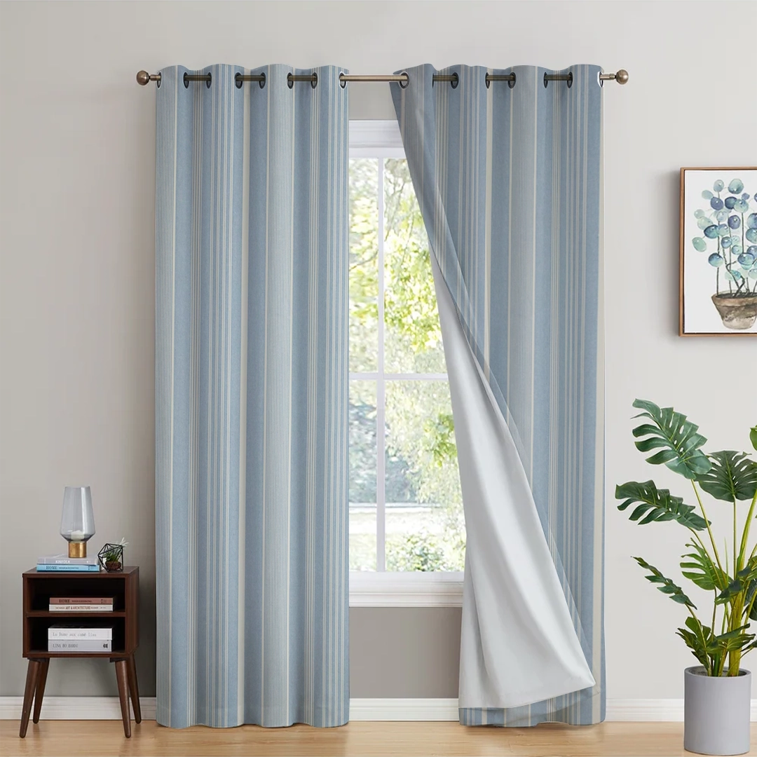 2Pc Waterproof Blackout Printed Curtains - Blue Irregular Stripe