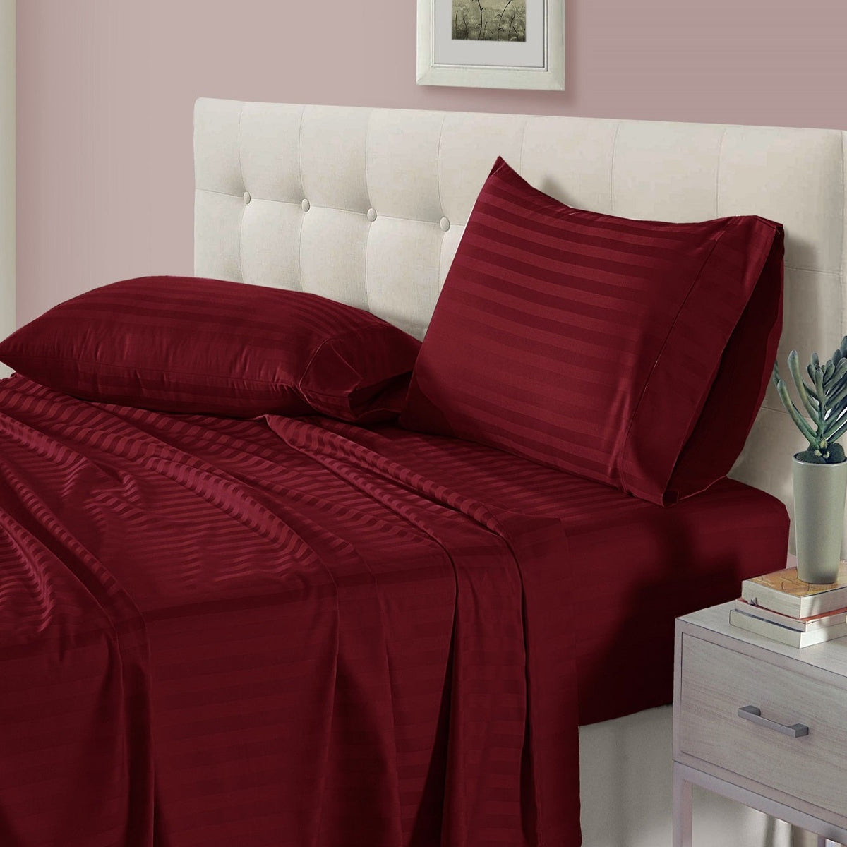 Premium Luxurious Super Soft Fitted Flat Cotton Satin Strip Sheet Set - Burgundy