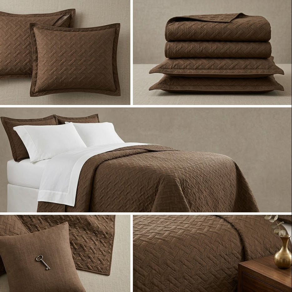 3-Piece Quilted Bedspread Set- Brown