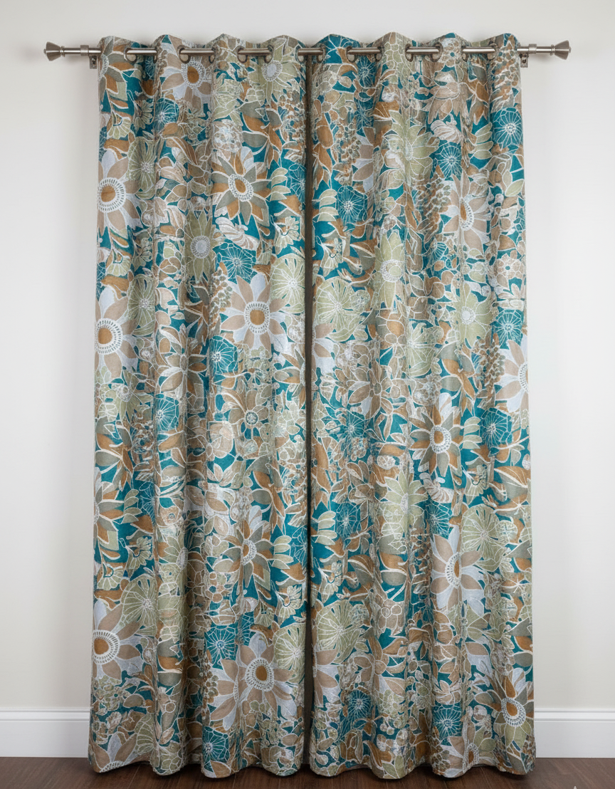 2Pc Printed Eyelet Curtain – Aqua Blossom Curtain
