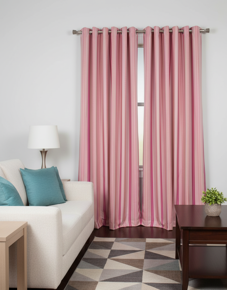 2Pc Printed Eyelet Curtain – Candy Pink Stripe
