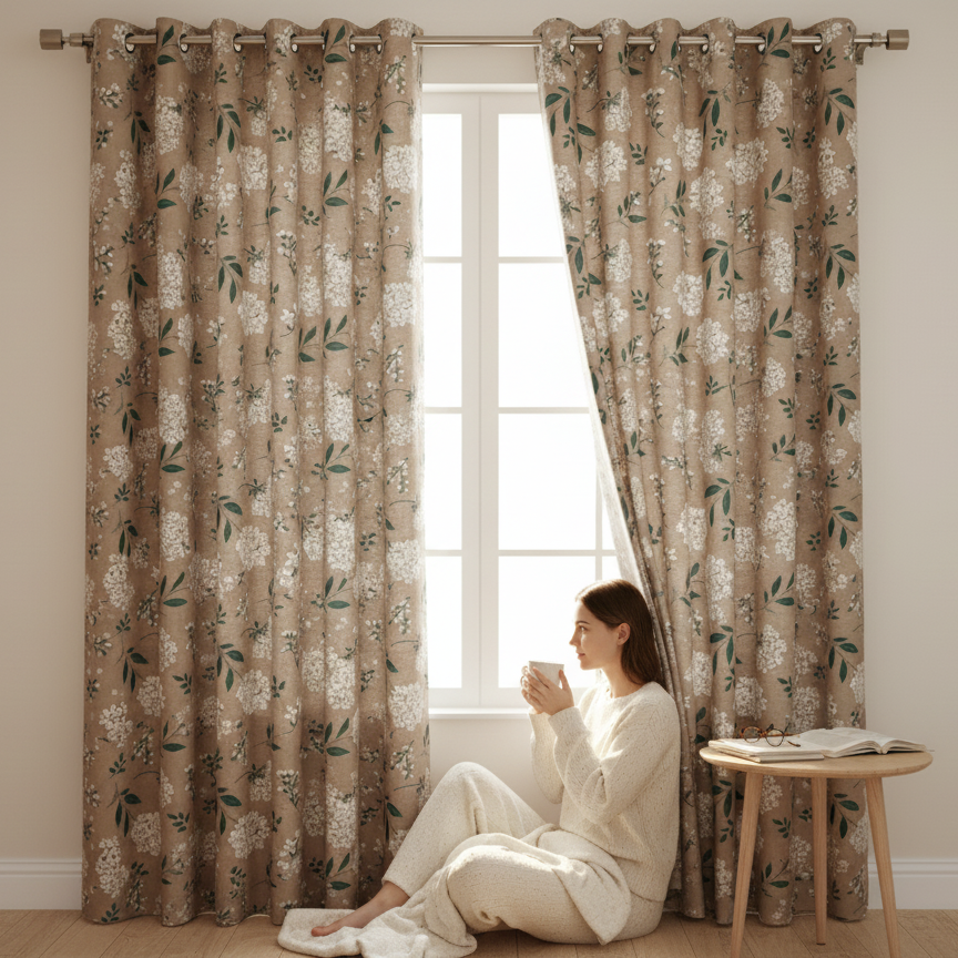 2Pc Printed Eyelet Curtain – Neutral Beige Hydrangea