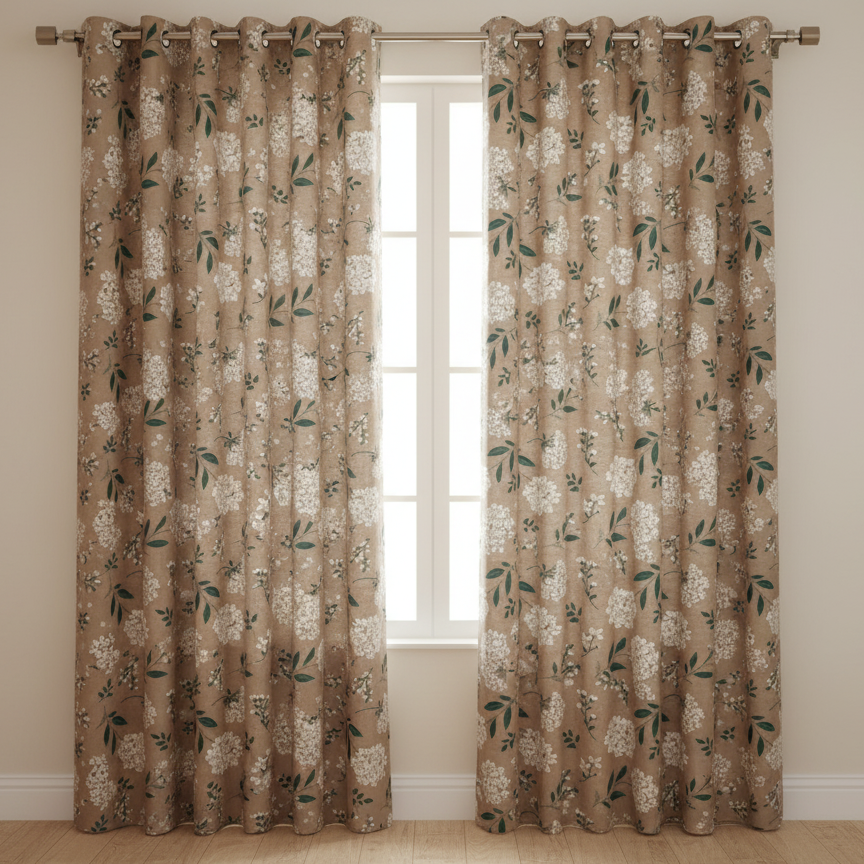 2Pc Printed Eyelet Curtain – Neutral Beige Hydrangea