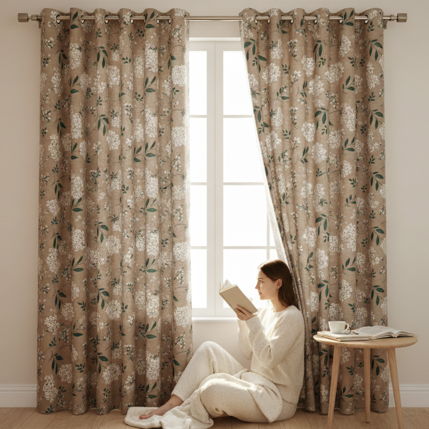 2Pc Printed Eyelet Curtain – Neutral Beige Hydrangea