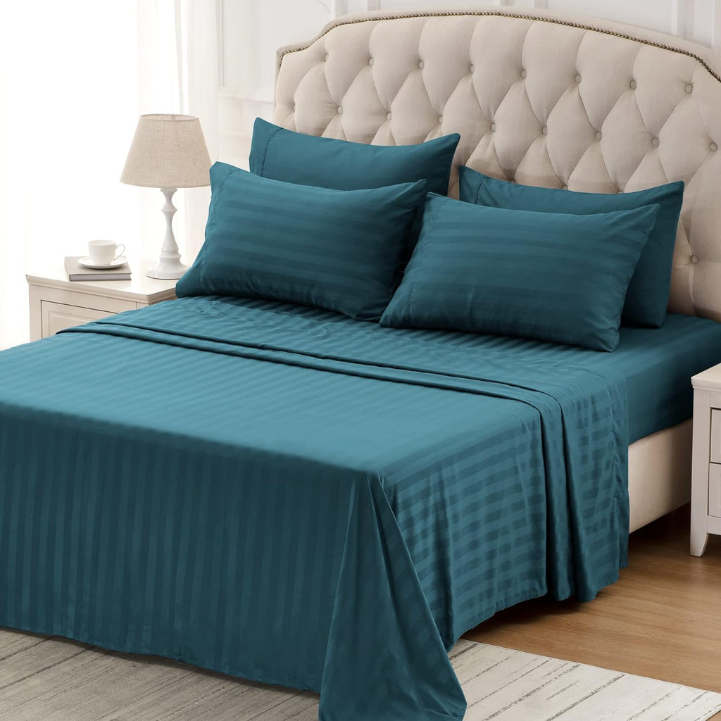 Premium Luxurious Super Soft Fitted Flat Cotton Satin Strip Sheet Set - Teal