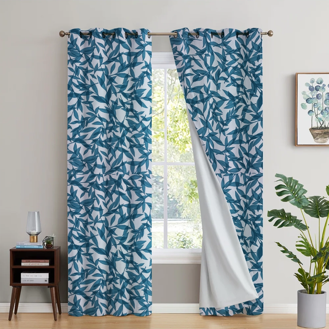 2Pc Waterproof Blackout Printed Curtains - Teal Green Leaves