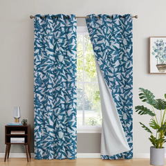 2Pc Waterproof Blackout Printed Curtains - Teal Green Leaves