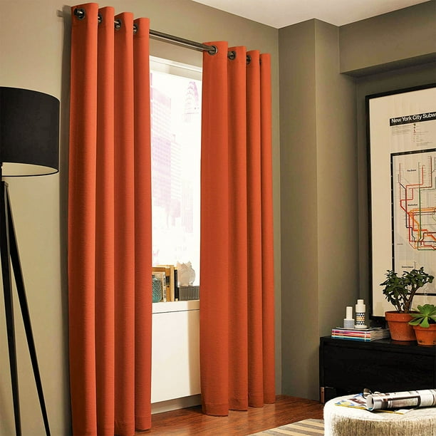 2Pc Plain Dyed Eyelet Curtains With Lining - Orange