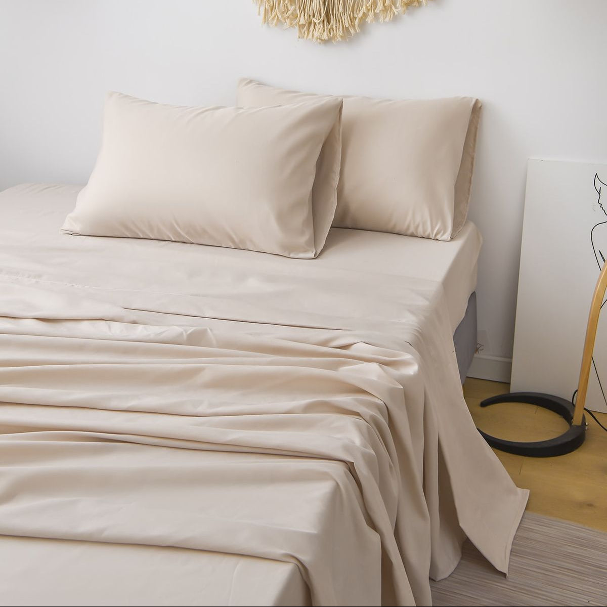 Plain Cotton Bed Sheet Set - Light Beige