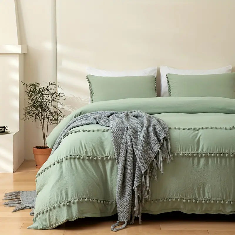 Vintage Boho Cotton Duvet Cover Set with Pom Pom Tassels