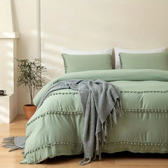 Vintage Boho PomPom Tassels Cotton Duvet Cover Set - Green