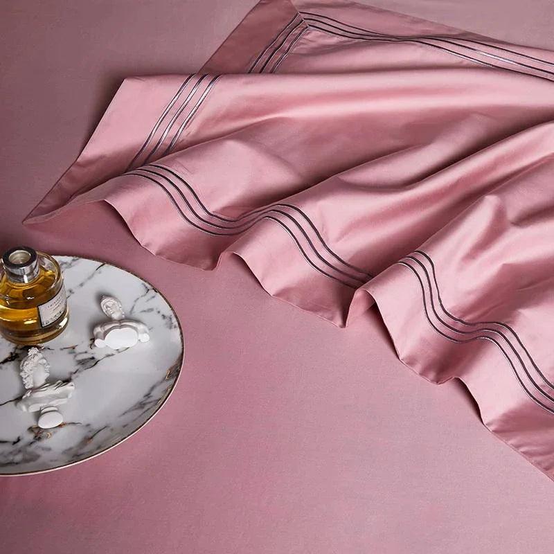 Embroidered Cotton Satin Duvet Set-Pink