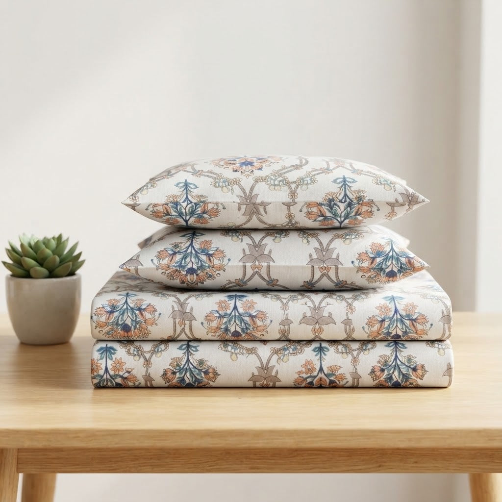 Double Cotton Bed Sheet - Ivory Garden