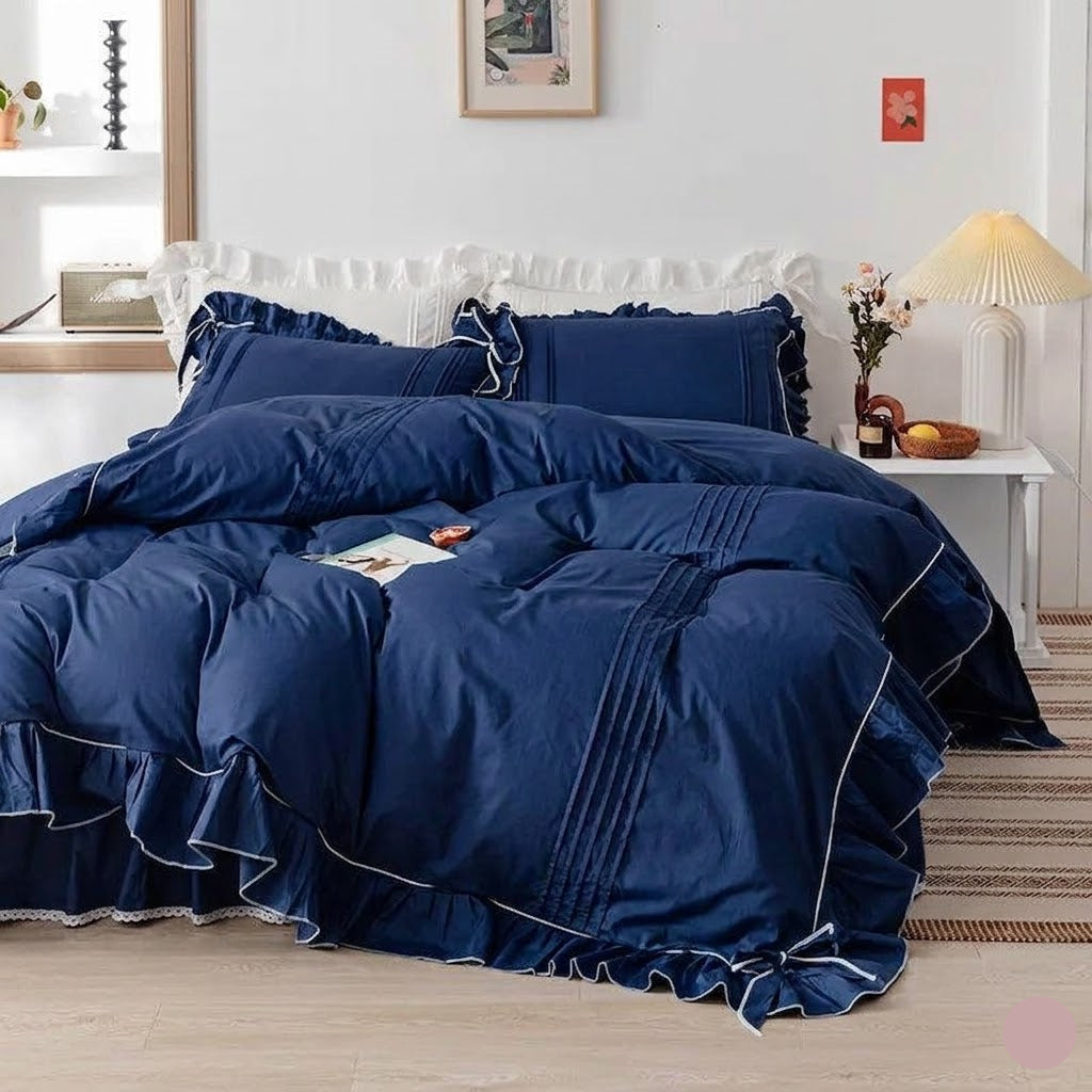 Luxury Pleated Ruffled Cotton Duvet Cover Set - Navy Blue