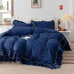 Luxury Pleated Ruffled Cotton Duvet Cover Set - Navy Blue
