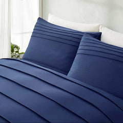 Minimal Pleated Cotton Duvet Cover Set - Blue