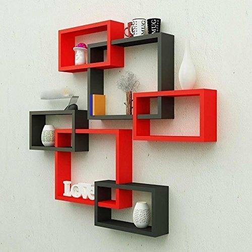 Wooden Shelf Floating Shelves 6 Tier Black & Red