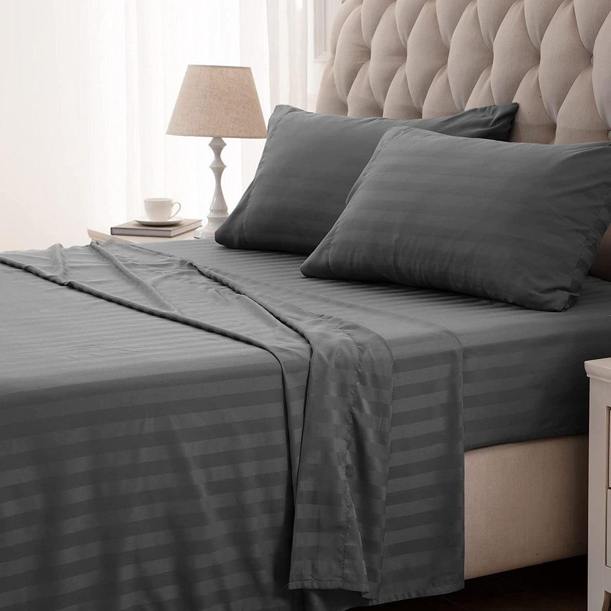 Premium Luxurious Super Soft Fitted Flat Cotton Satin Strip Sheet Set - Dark Grey