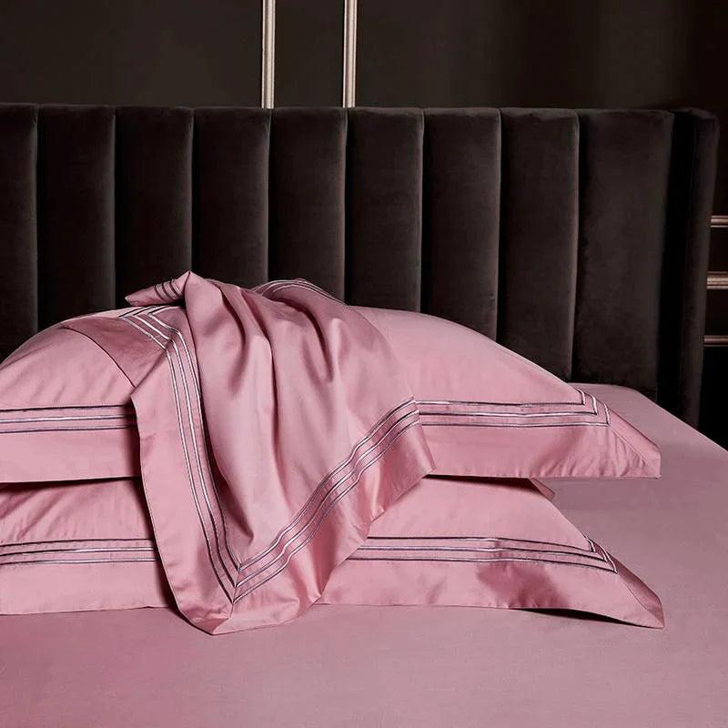 Embroidered Cotton Satin Duvet Set-Pink