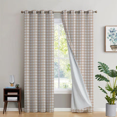 2Pc Waterproof Blackout Printed Curtains - Beige Checked