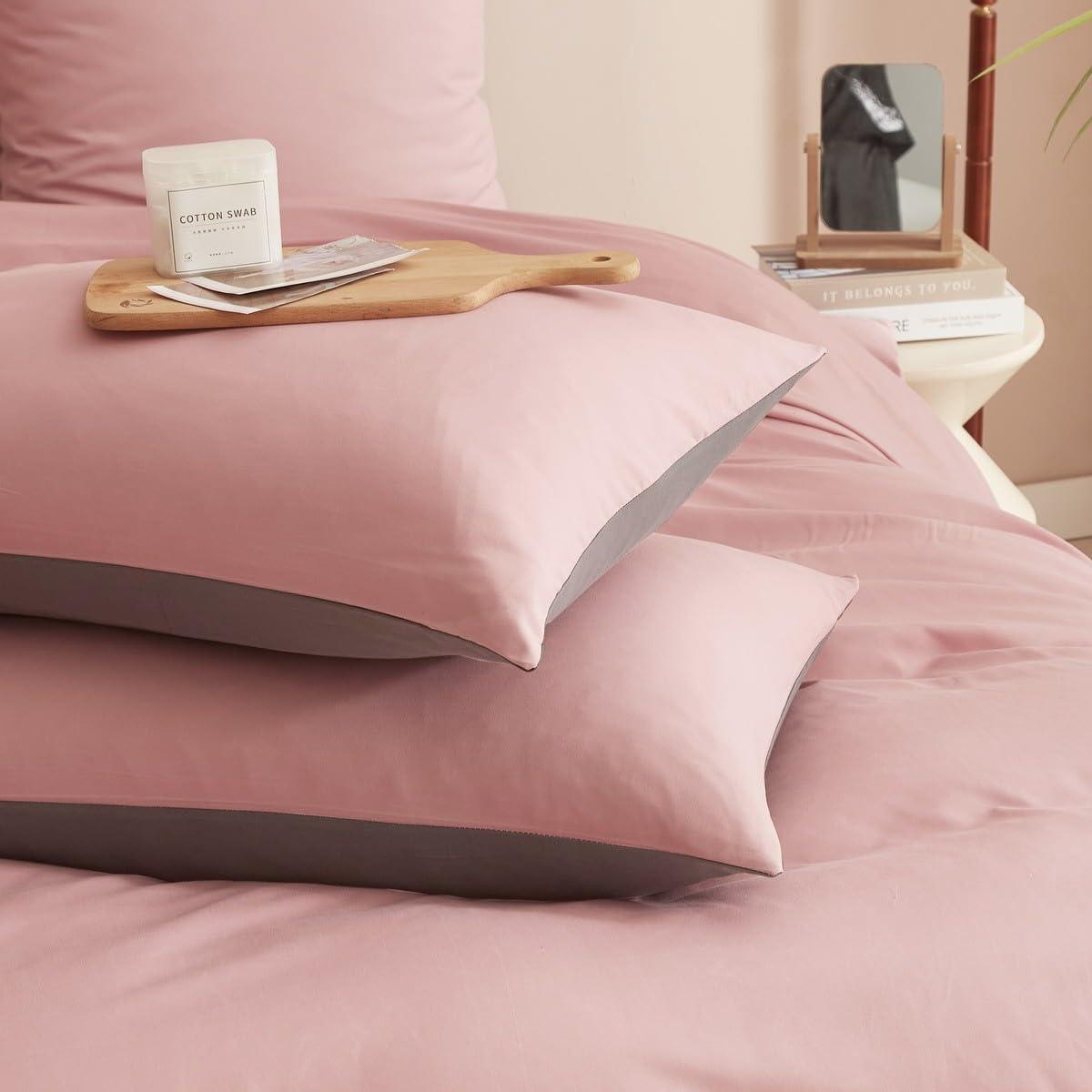 Plain Dyed Reversible Cotton Duvet Cover Set - Blush Pink / Grey